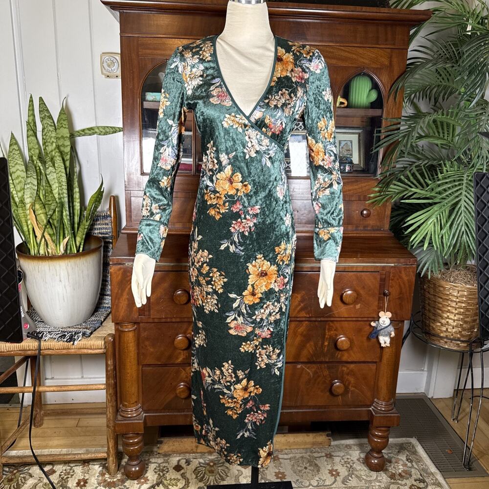 ZARA Velvet Floral Kimono Wrap Maxi Dress Emerald Green Long Sleeve [4] Boho